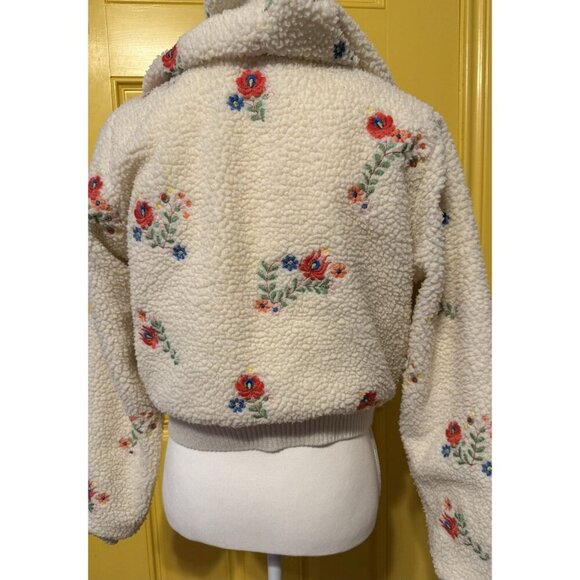 Urban Outfitter Sherpa Jacket Medium Nature Flower Hood Ribbed Waistband Zipper - Picture 5 of 15